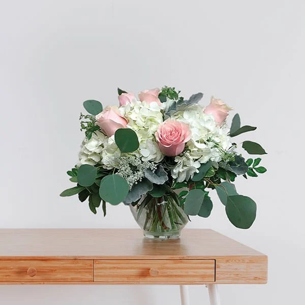 21 Pink Roses and White Hydrangeas