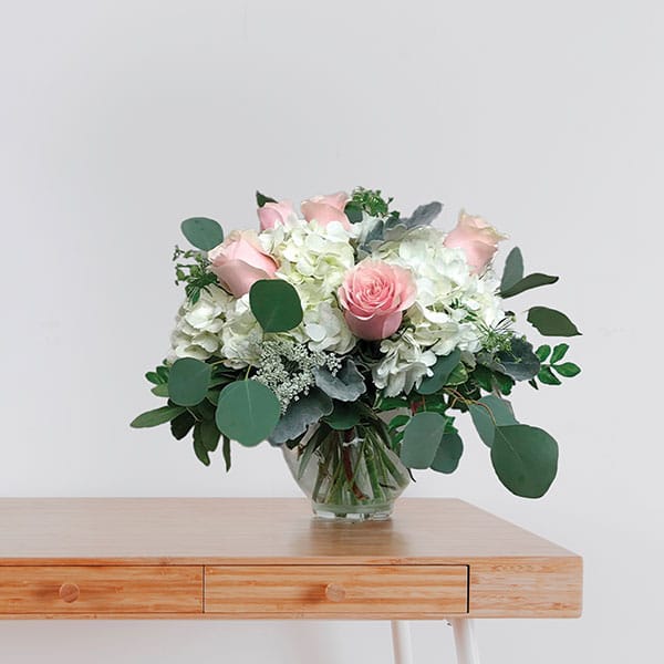 Pink Roses and White Hydrangeas