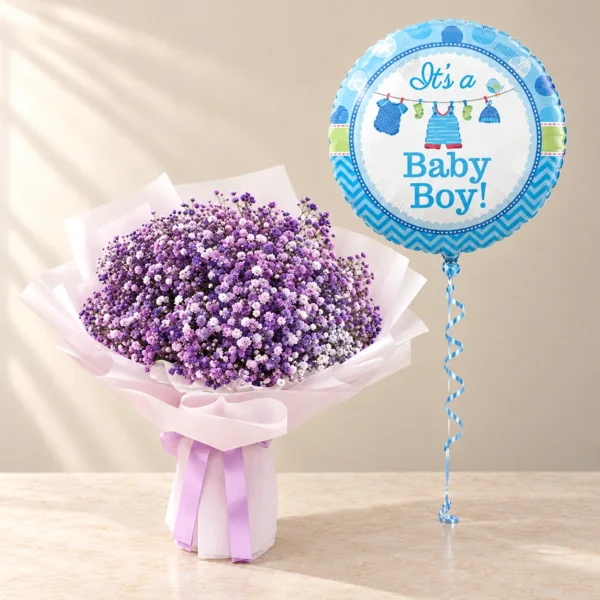 Baby Boy Lavender Flowers & Balloon Bundle Lavender Royal Purple Gypsophila with one blue Baby Boy message balloon