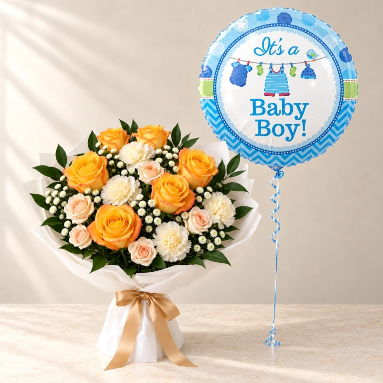 Baby Boy Sunshine Flowers & Balloon Bundle Yellow Sunshine roses and cream flowers with one blue Baby Boy balloon