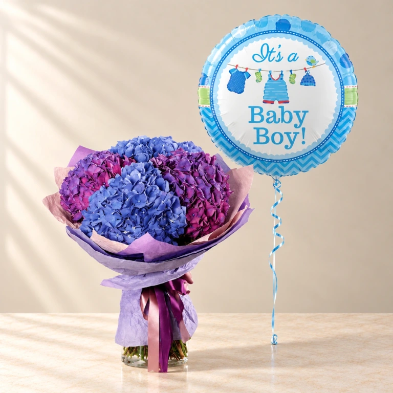 Baby Boy Blue Hydrangeas & Balloon Bundle Blue and purple hydrangeas in lilac wrapping with one blue Baby Boy message balloon