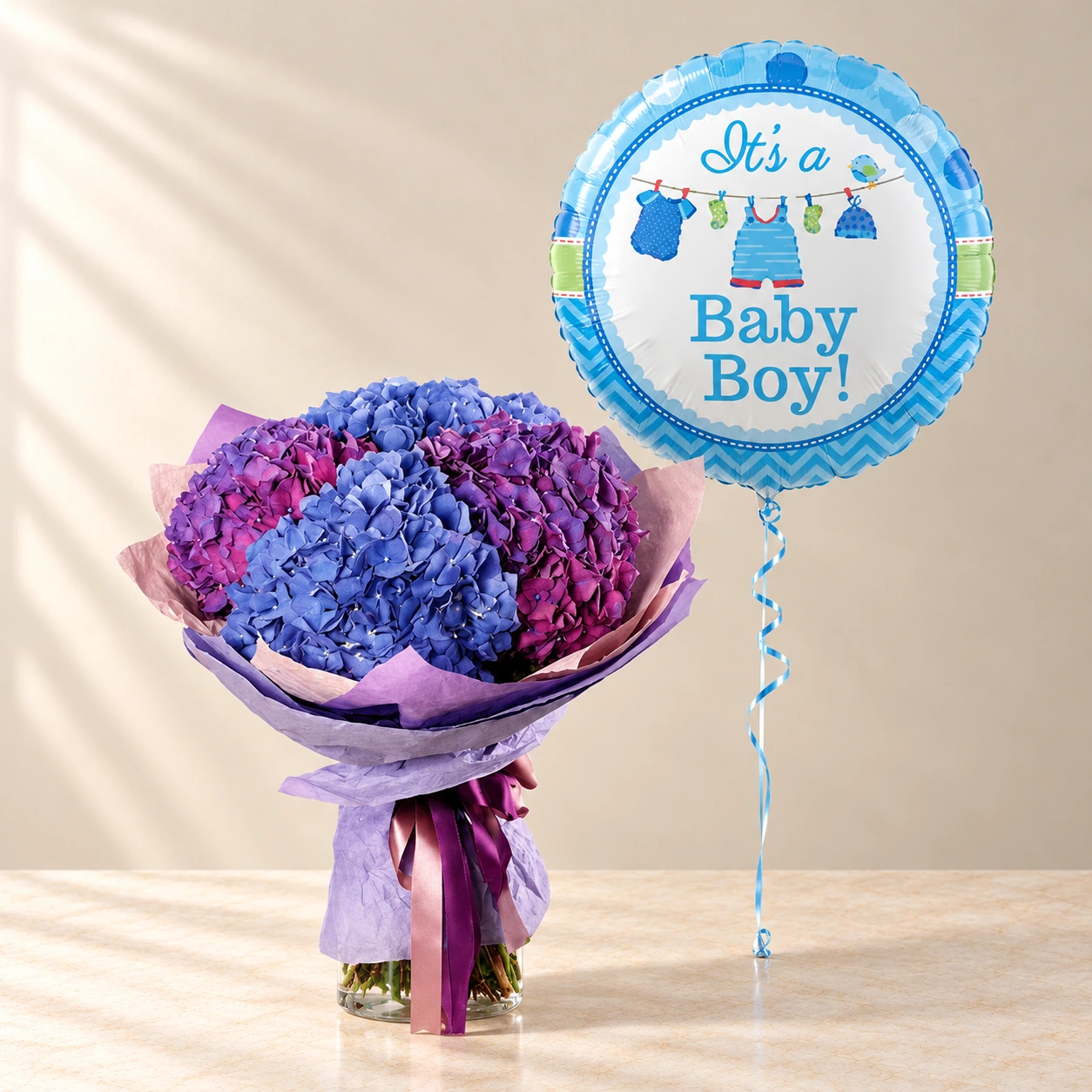 Baby Boy Blue Hydrangeas & Balloon Bundle