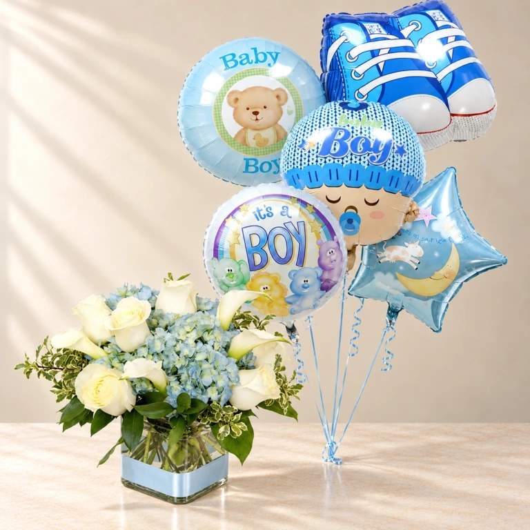 Baby Boy Ocean Flowers & Balloon Set Bundle Ocean Breeze blue and cream flowers in a square glass vase with the five-foil Baby Boy balloon set