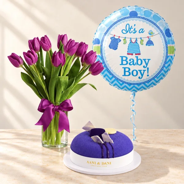 Baby Boy Tulips, Blue Velvet Cake & Balloon Bundle Purple tulips in a clear vase with a violet Blue Velvet cake and one blue Baby Boy balloon