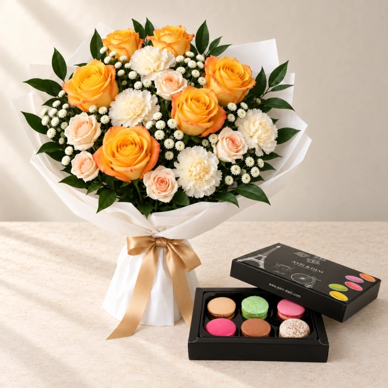 Yellow Sunshine flowers with an open Aani & Dani box containing six assorted macarons