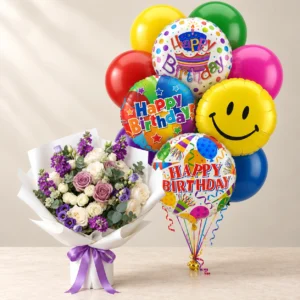 Purple Poetry flowers with the full colourful Happy Birthday balloon set