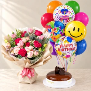 Radiant Rainbow flowers with a small Galaxy chocolate cake and the full Happy Birthday balloon set