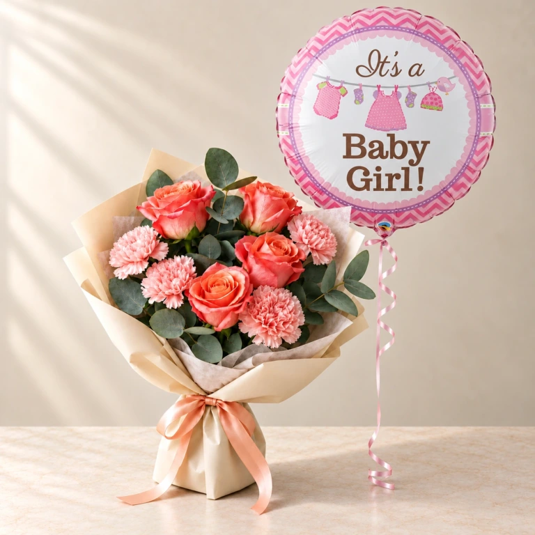 Coral-pink roses and pink carnations with one pink Baby Girl message balloon