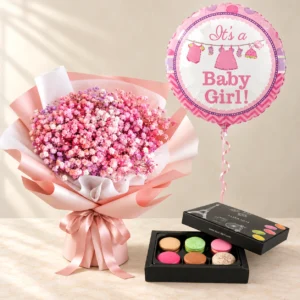 Pink Cloud gypsophila with six assorted macarons and one pink Baby Girl balloon