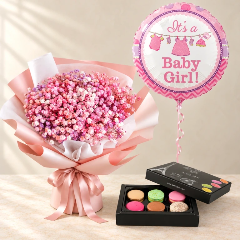 Pink Cloud gypsophila with six assorted macarons and one pink Baby Girl balloon