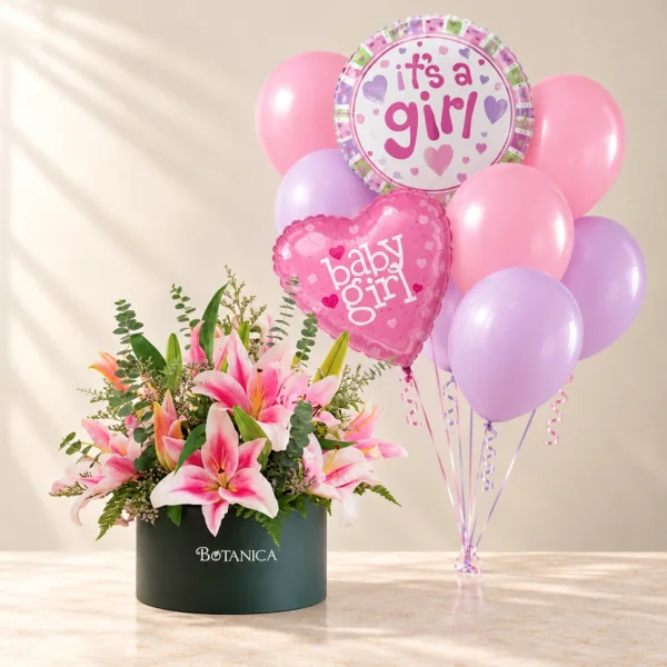 Baby Girl Pink Lilies & Balloon Set Bundle Pink stargazer lilies in a dark green Botanica hatbox with the pink and lilac Baby Girl balloon set