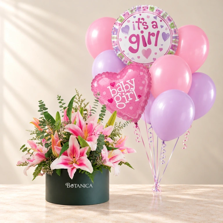 Pink stargazer lilies in a dark green Botanica hatbox with the pink and lilac Baby Girl balloon set