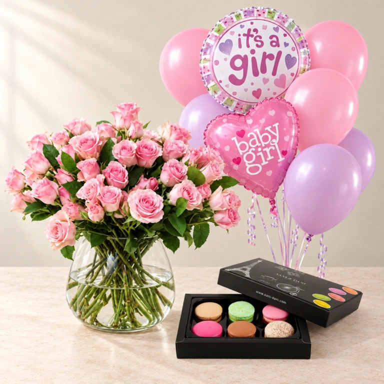 Pink roses in a rounded glass vase with six macarons and the pink and lilac Baby Girl balloon set