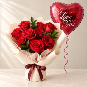 Classic Red Rose bouquet with one red I Love You heart-shaped foil balloon
