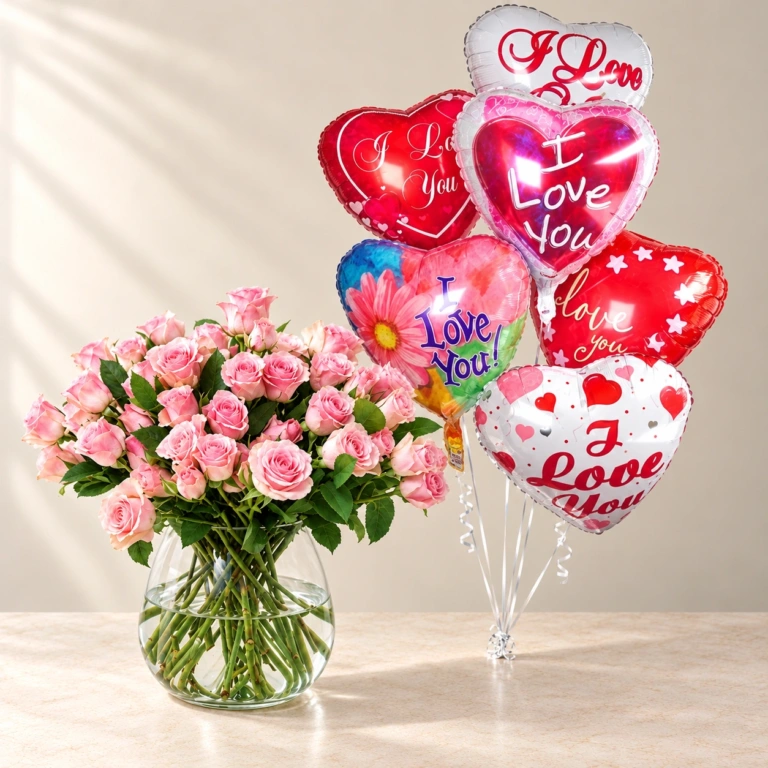 Rosy Cherub pink roses in a rounded glass vase with six printed Love heart balloons