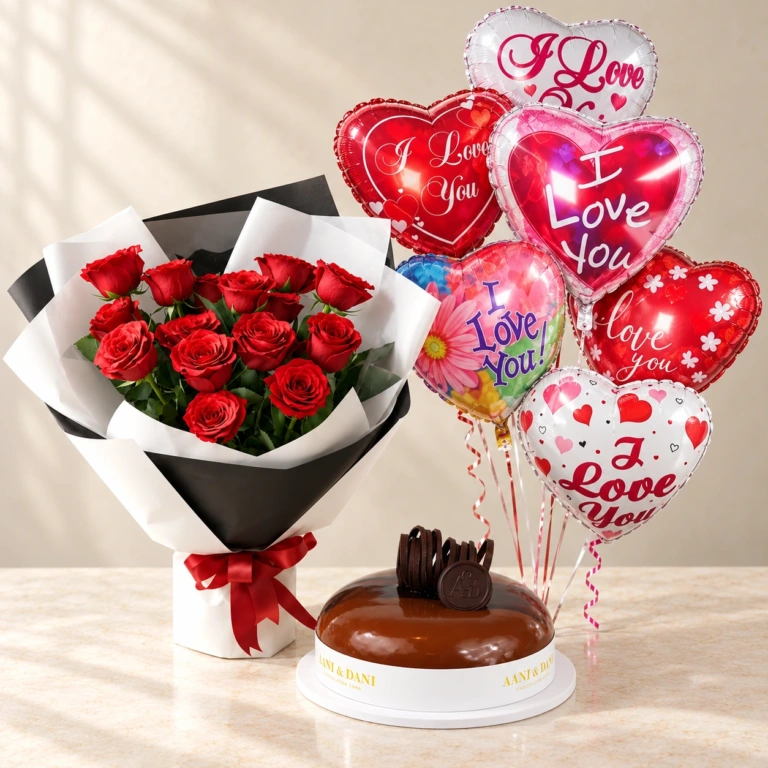 Eternal Love red roses with a small Galaxy chocolate cake and six printed Love heart balloons
